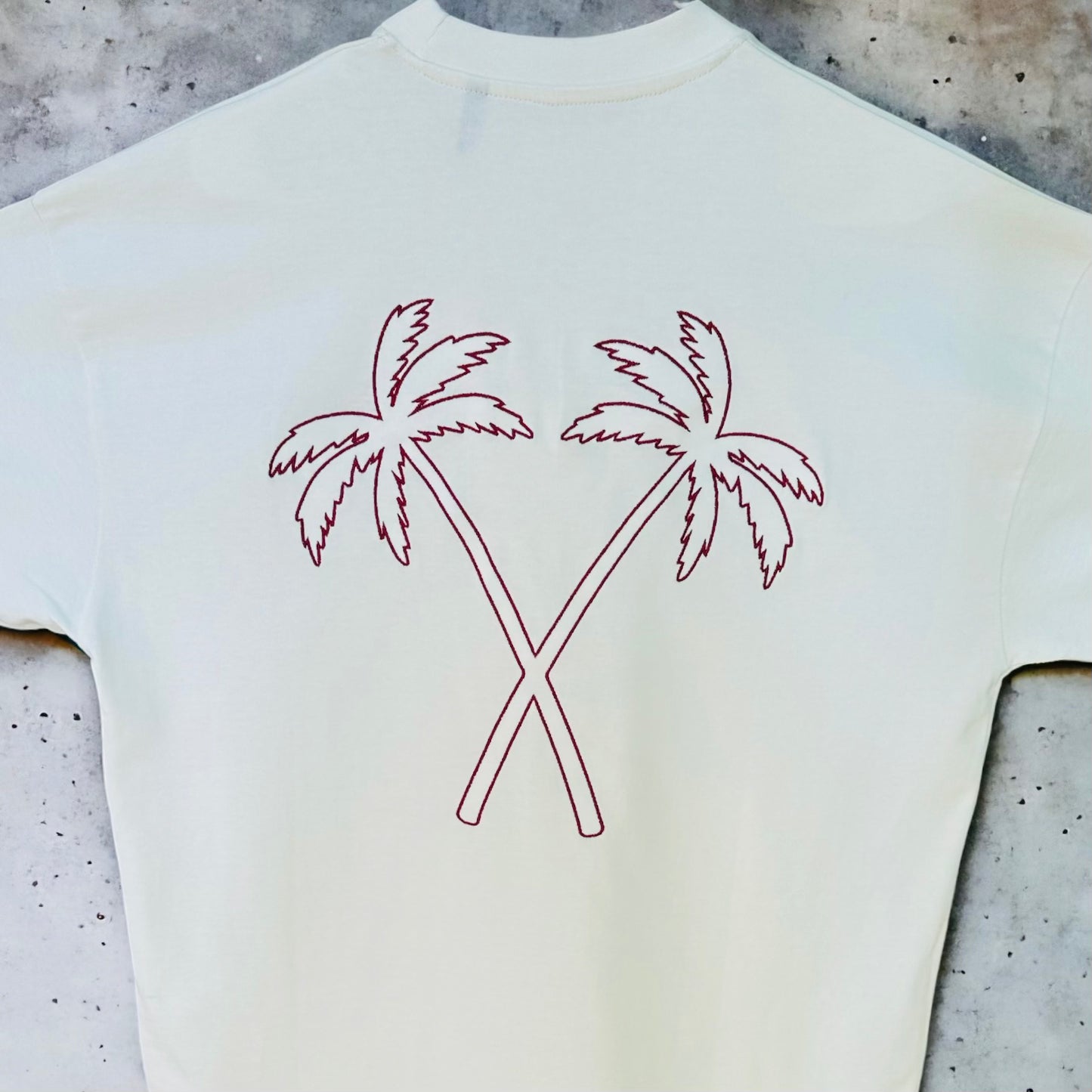 NAVY BLUE & BURGUNDY EMBROIDERED CREAM ON A MISSION PALM TREE TEE